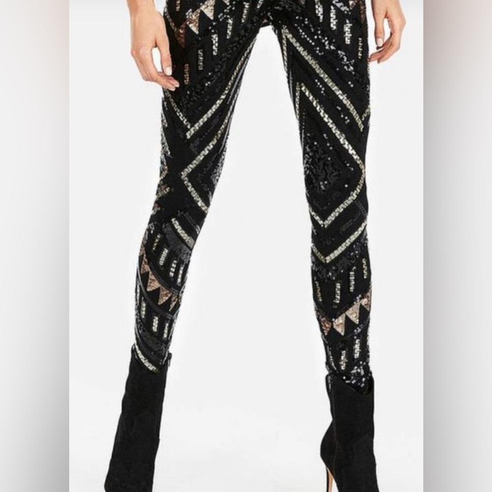 Express Black and Silver Skinny Pants with Geometric Design